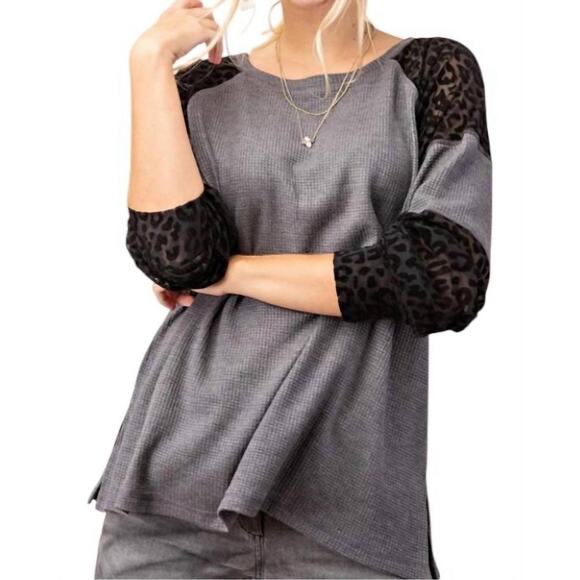 Kori Animal Thermal Long Sleeve Tee Top Heather Grey Black Sheer Velvet S new - Picture 2 of 9